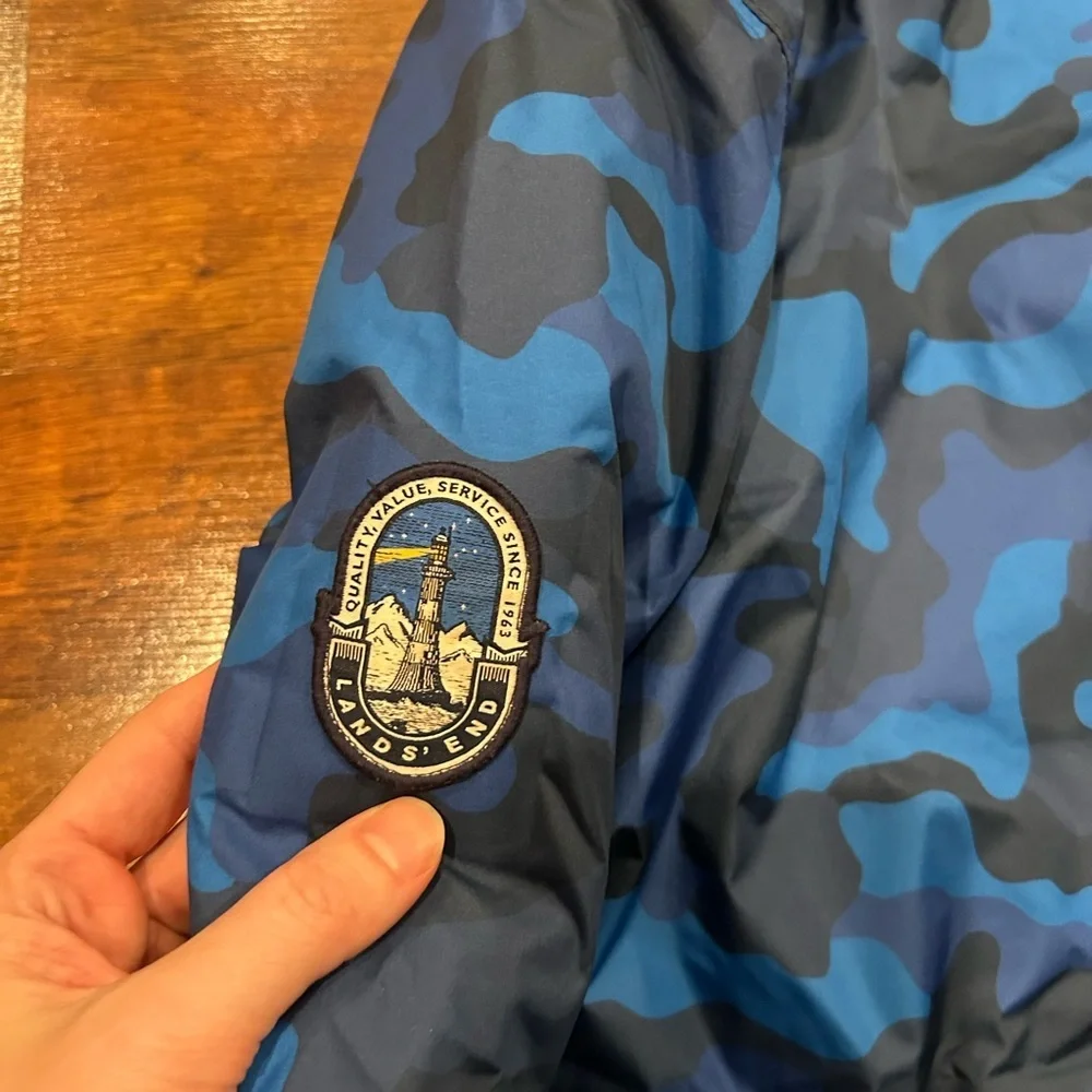 Lands End Kids Expedition Down Winter Parka Jacket Blue Camouflage Large 14/16